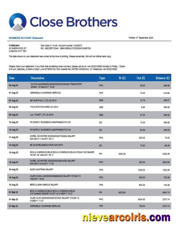Close Brothers Bank Group company checking account statement
